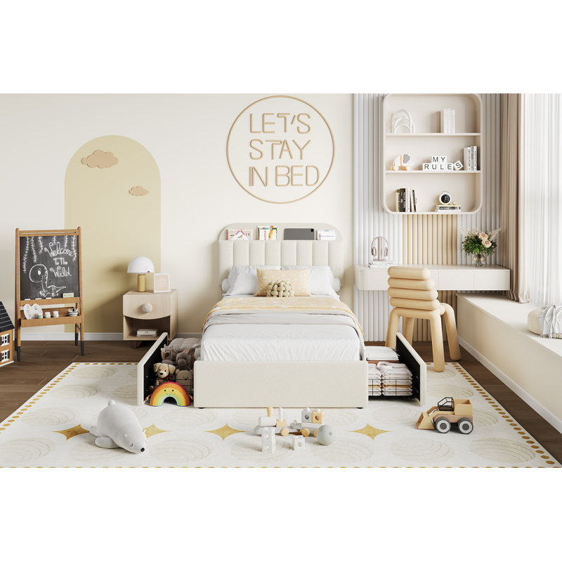 Bed Frame with 2 Flexible Drawers and Bookcase Headboard, Boucle Upholstered Platform Bed, Noise-Free, Easy Assembly, No Box Spring Needed