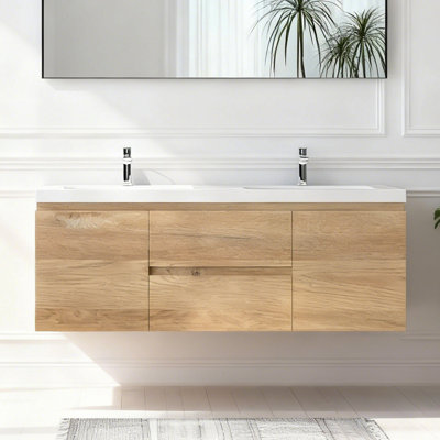 Meuble-lavabo flottant mural 60 po en chêne naturel avec double comptoir à surface solide blanc
