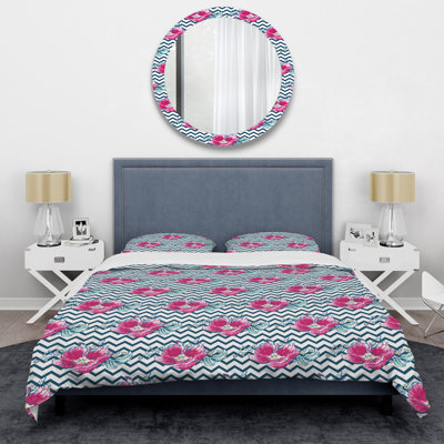 Pink Roses With Chevron - Patterned Duvet Cover Set