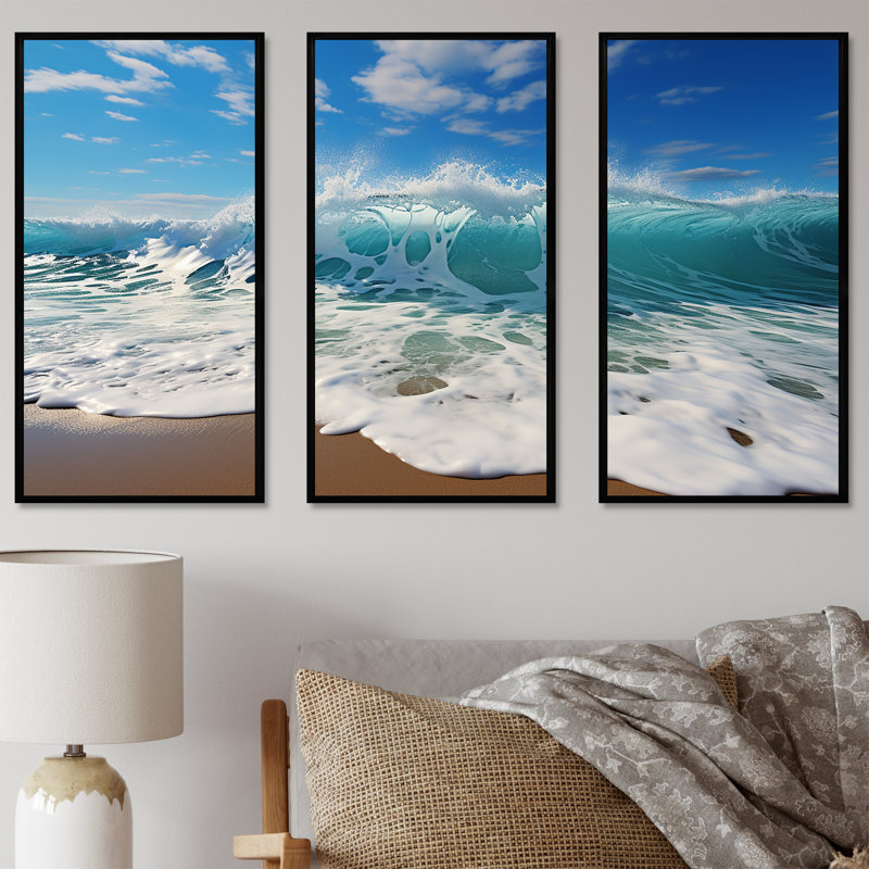 Turquoise Power of Ocean Wave - Ensemble de décoration murale bord de mer, Cadre flottant noir, H 40 po x l 60 po x P 1 po
