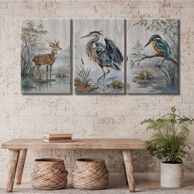 Tacheté, héron, martin-pêcheur, lotus, étang doré, impression sur toile 3 pièces