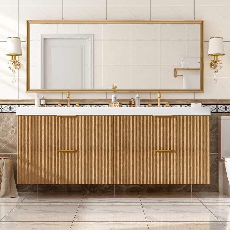 Ensemble de meuble-lavabo double mural 59 po avec façade cannelée et deux lavabos en résine SMC