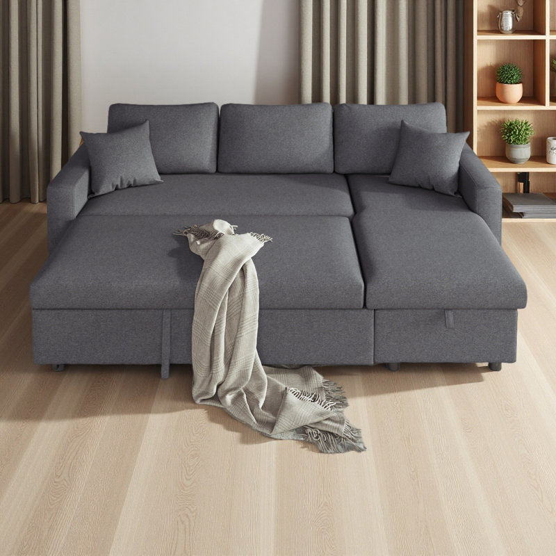 Canapé-lit modulaire 87,44 po rembourré gris avec espace de rangement et 2 coussins décoratifs