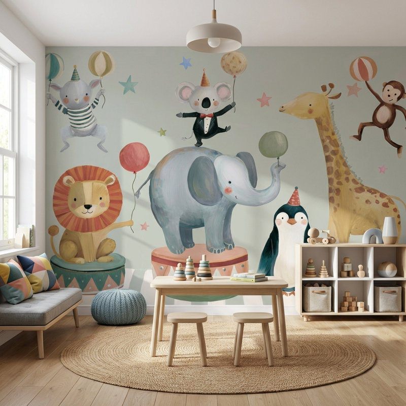 Papier peint mural mural fantaisiste, animaux, double rouleau, 120 po x 96 po, Peler et coller
