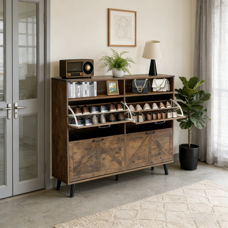 Hidden Shoe Storage, Freestanding Shoe Cabinet Storage with 4 Flip Drawers and Barn Door Design, Slim Narrow Shoe Rack Dresser, Shoe Organizer for Entryway, Foyer, Hallway