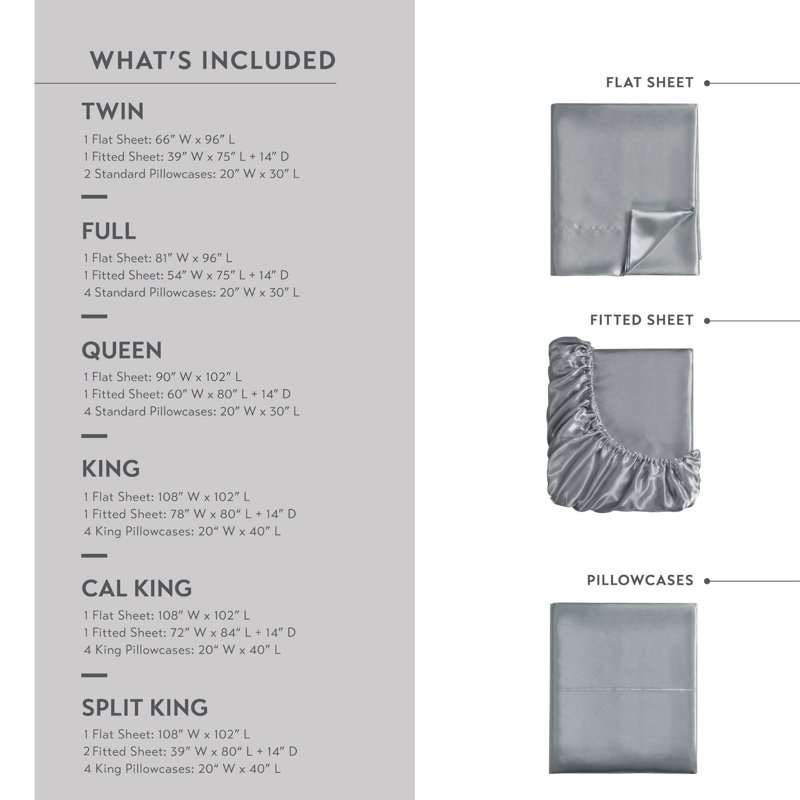 Ensemble de draps en satin de luxe, Gris, Ensemble de literie pour très grand lit divisé