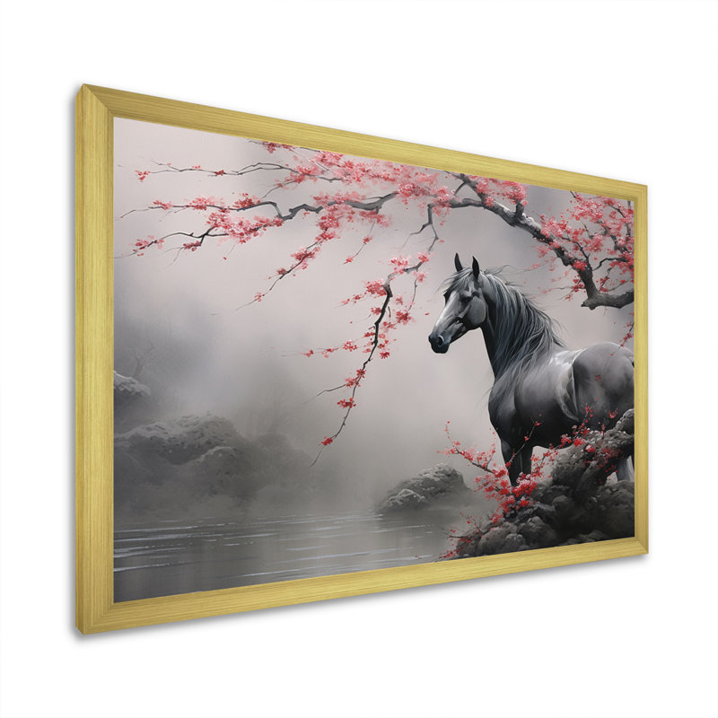 Art asiatique, cheval gris I - art mural cheval, H 30 po x l 40 po x P 1,5 po, Cadre doré simple