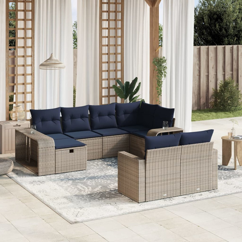 Ensemble de canapé de patio 10 pièces avec coussins en rotin de polyester, Gris, Bleu clair