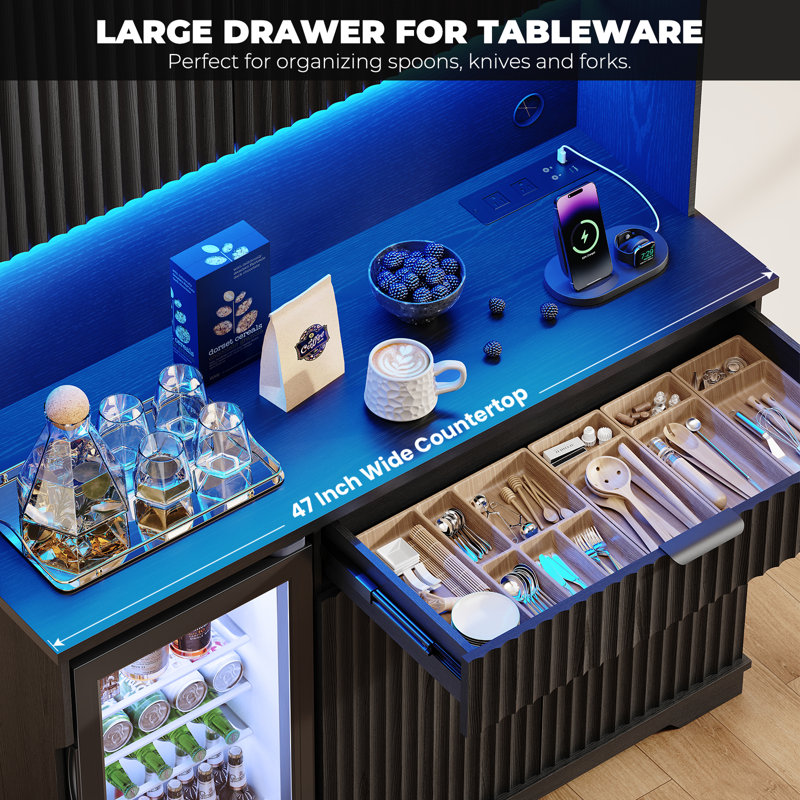 69" Fluted Wine Bar Cabinet with Fridge (Included), Modern Coffee Bar Cabinet with Storage Hutch, Tall Mini Fridge Cabinet with Drawers and Cabinets for Living Room, Dining Room, Black