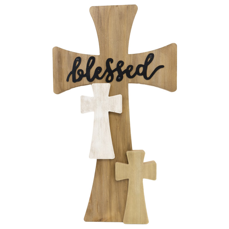 Wooden Blessed Multi Cross White Cluster Hanging Wall Cross, Brown/Black/White, 16" H x 9" W x 0.75" D
