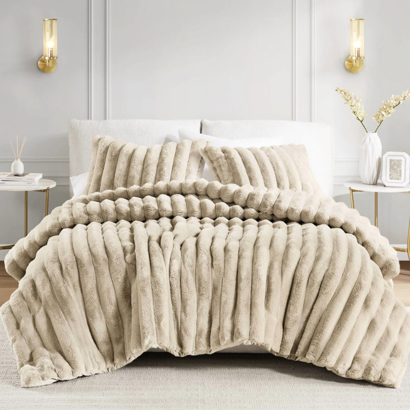 3 pièces d'édredon en fausse fourrure de couleur taupe pour un confort douillet et respirant, lavable à la machine
