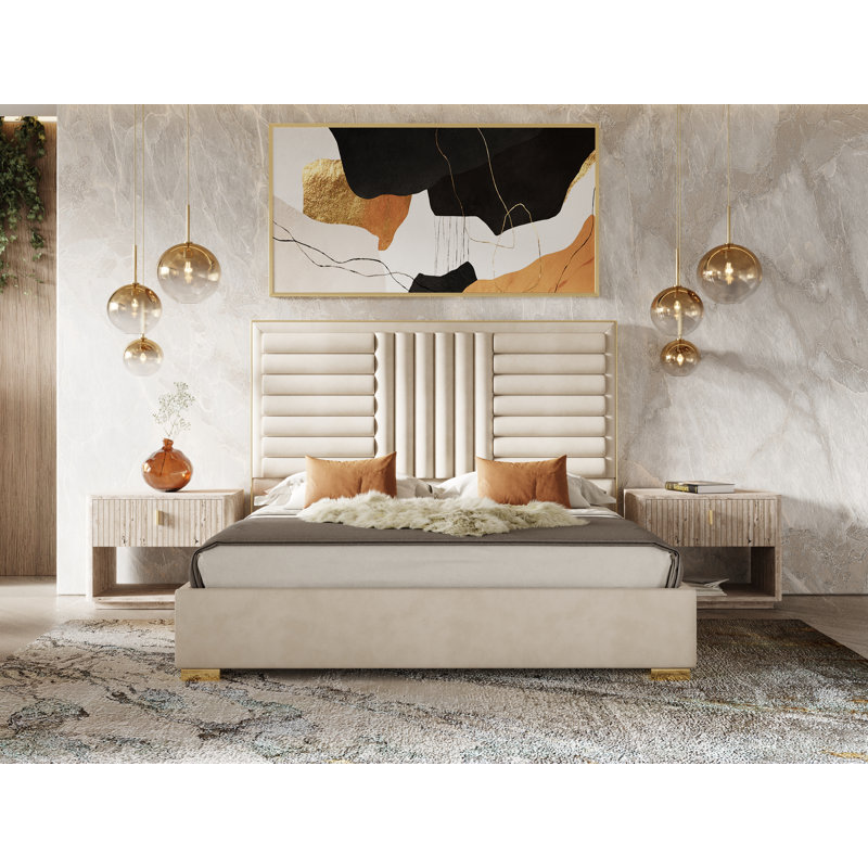 Sunne Full Upholstered Bed, Beige Velvet, Queen