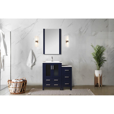 36 po W Meuble-lavabo simple bleu marine, cinq tiroirs, armoire latérale à fermeture en douceur et couvercle en céramique, robinet