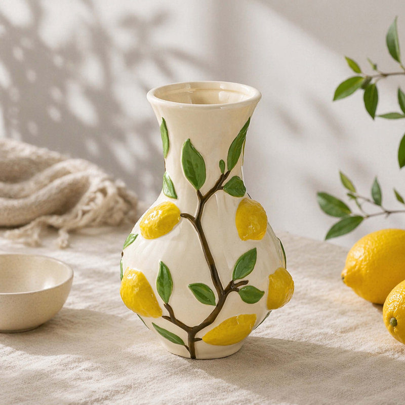Vase en céramique blanc à relief de branches de citron en relief 3D, vase floral Bulbous brillant pour style de cuisine de campagne et de campagne