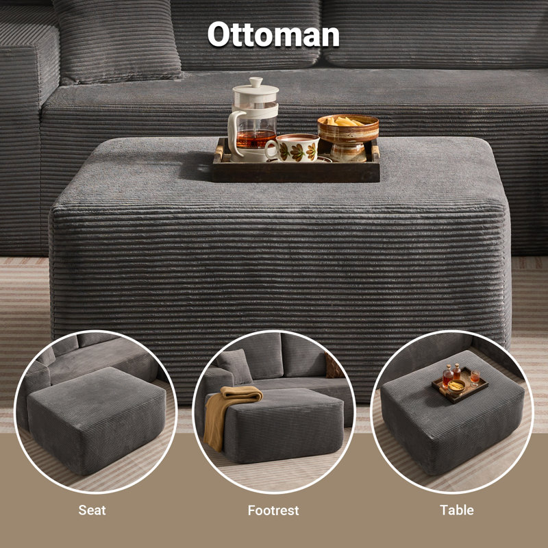 Canapé modulaire en forme de L avec repose-pieds 106 po 106 po, Velours côtelé gris pâle, Orienté à droite