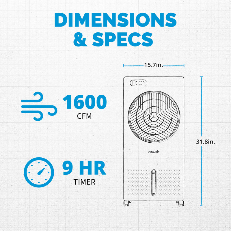 Refroidisseur d'air par évaporation et ventilateur portatif Newair, 1 600 pi³ / min, télécommande et minuterie
