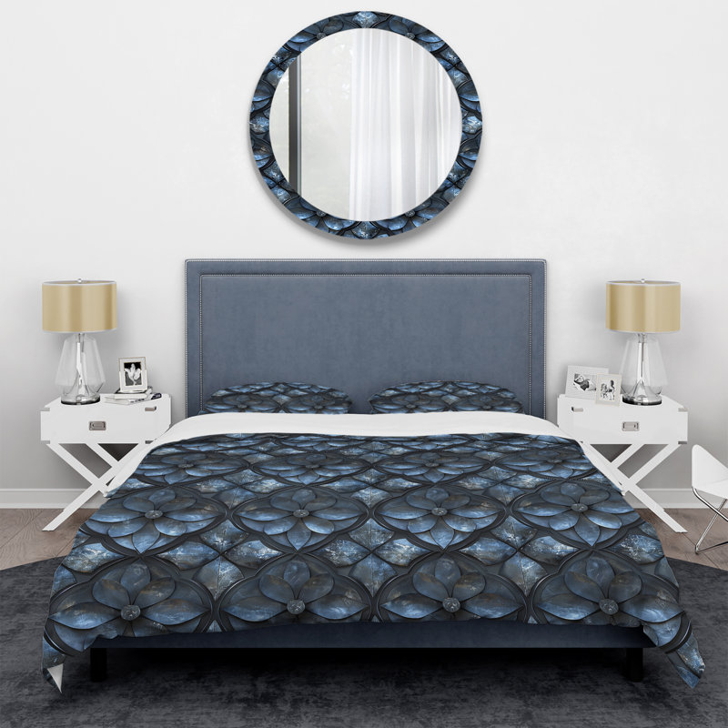 Ensemble de housse de couette transitionnel gris et noir Geo Bloom I, Housse de couette pour grand lit et 2 taies décor