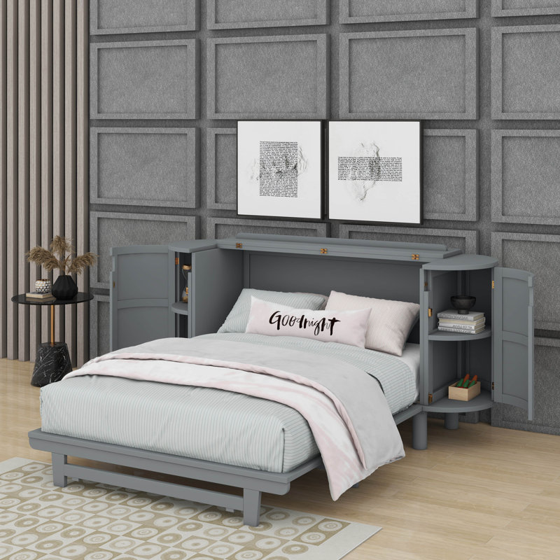 Élégant lit escamotable avec armoires de rangement latérales intégrées et conception tissée, gris, Double