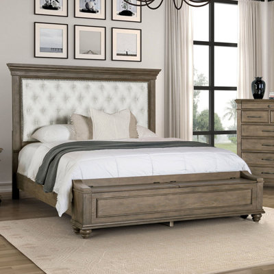 Transitionnel 1Pc Grand lit chêne vieilli FB banc W rangement chambre à coucher beige rembourré tissu HB
