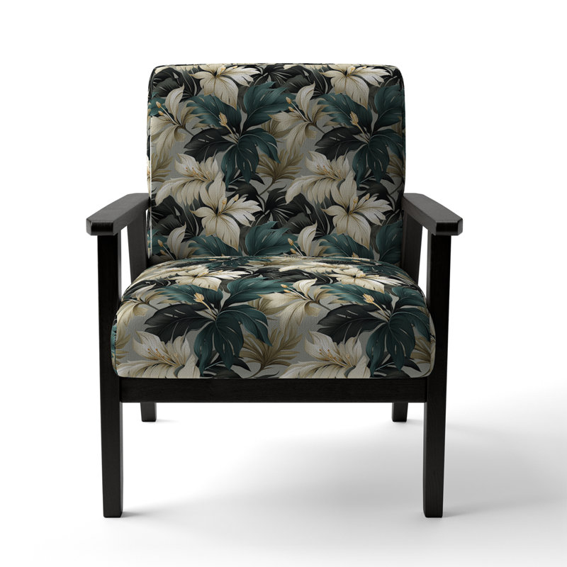 Monochrome Tropics Tropical Pattern - Upholstered Coastal Arm Chair, Tropical Leaves Accent Chair
