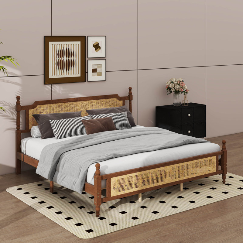 King Size Wooden Bed Frame Embellished With Rattan Head, Walnut