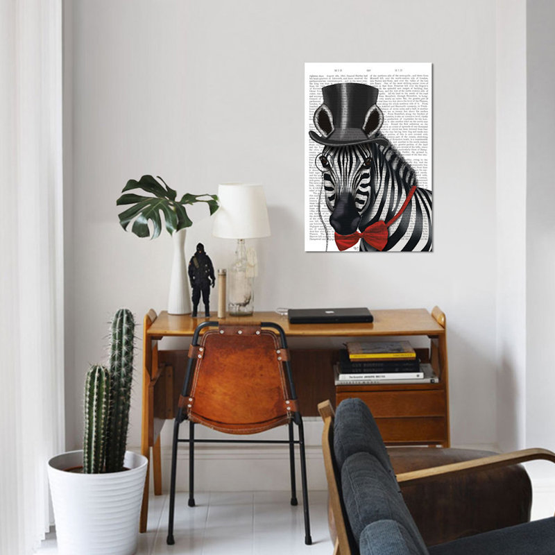 «Sideway Zebra with Top Hat and Bow Tie I», impression sur toile, H 18 po x l 12 po x P 1,5 po, Toile tendue, Pas de tapis