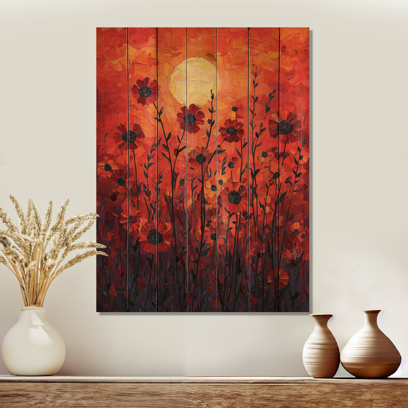 Red Sunset Wildflowers Glory II - décoration murale en bois Wildflowers - sur bois de pin naturel