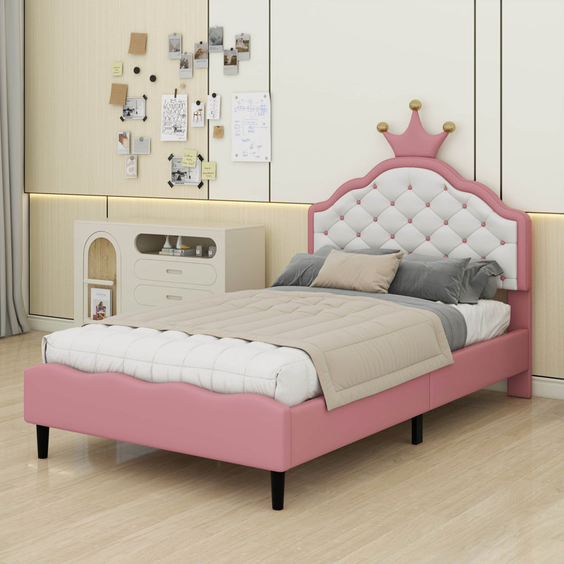 Lit princesse simple en similicuir avec tête de lit capitonnée, Twin