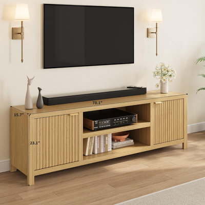 Fluted TV Stand for 80 Inch, Modern Entertainment Center with Storage, Wooden Media Console Cabinet with Fluted Door and Gold Handle for Living Room Bedroom