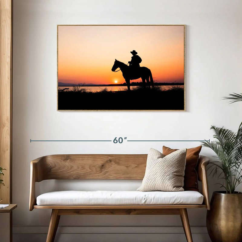 Silhouette de cowboy, Cadre flottant en bois naturel, 43 po x 29 po