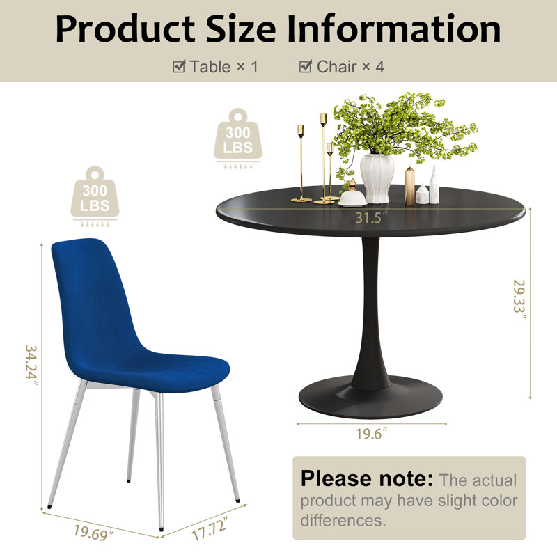 5-Piece Round Metal Pedestal Dining Table With 4 Dining Chairs, Black, Blue/Silver