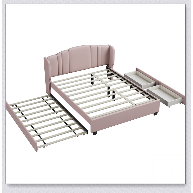 Lit plateforme tapissier avec tête de lit à oreilles, gigogne simple et 2 tiroirs, Rose