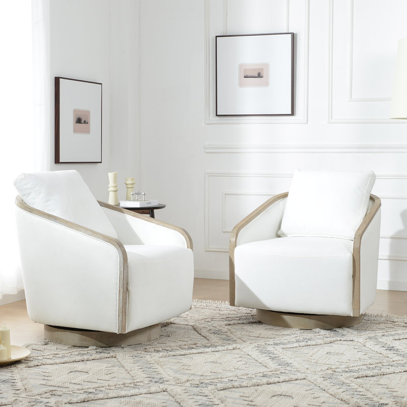 Ensemble de 2 chaises demi-tonneau pivotantes de 30 po en polyester avec base en bois, Blanc perle