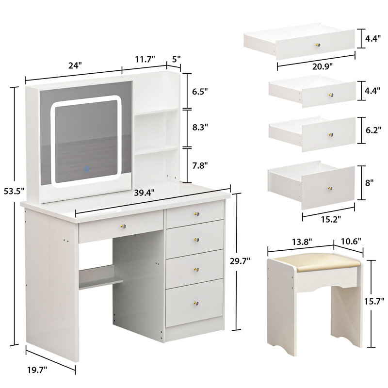 39.4'' Wide Makeup Vanity Set with Stool and LED Mirror, White