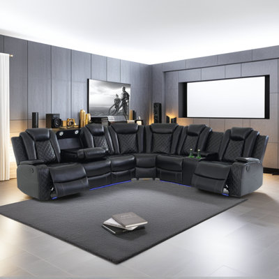 NANA 210"-3 Pieces Breathing Leather Power Reclining Living Room Sectional Set with LED,USB,Wireless Charging and Storage Armrest (Set of 3) 