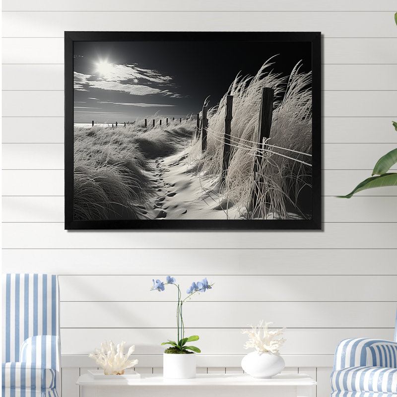 Horizon de plage noir et blanc - art mural grande plage côtière, H 16 po x l 32 po x P 1 po, Cadre noir