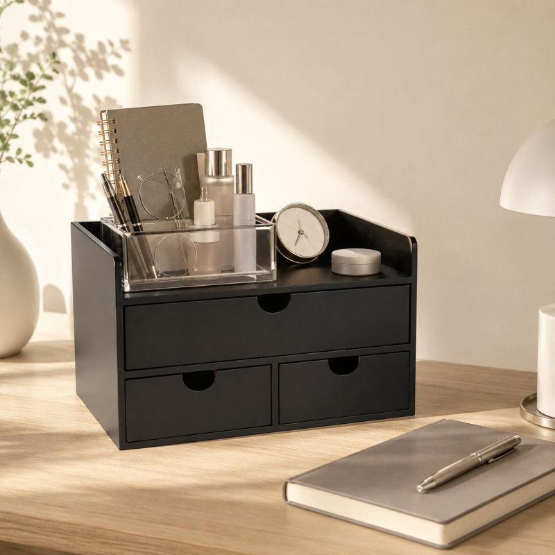 Mini-boîte de rangement en bambou de style tiroir de bureau en bambou, noire, à 2 niveaux avec tablettes. Idéal pour le bureau ou la maison; Peut être utilisé comme table de chevet, meuble-lavabo ou unité de rangement de bureau. Dimensions: 13 x 6,7 x 8 pouces.
