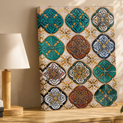 Toile d'un motif de tuiles marocaines vibrantes avec un mélange harmonieux de motifs muraux complexes en turquoise foncé vert profond et art mural sur toile