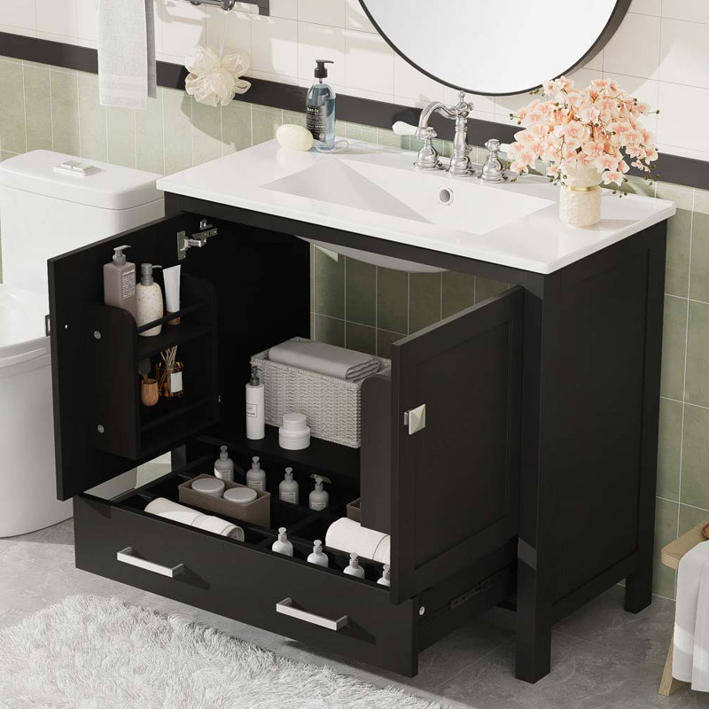 Meuble-lavabo de salle de bain avec lavabo en céramique, tablettes de rangement doubles et tiroir divisé, Noir
