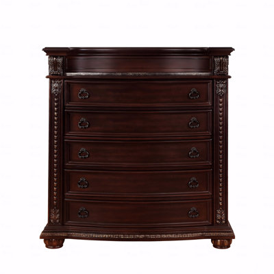 1Pc Marble Top Five Drawers Tall Chest Intricate Moldings Beautifully Curved Silhouette Brown Dark Cherry Finish Bedroom Solid Wood Furniture