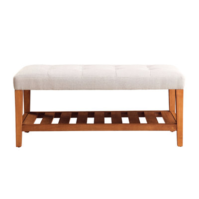 Fabric Bench In Gray, Oak Finish, Open Storage Shelf, Button- Seat Gray With And Tapered Legs, Padded Cushion, 16" Width For Placement