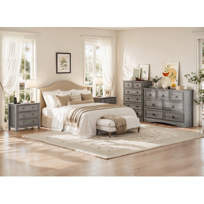 4 Pieces Bedroom Set Include 7 Drawer Dresser, 6 Drawer Tall Chest And Two 26.7''w 3-drawer Nightstand With Charging Station,gray Wash