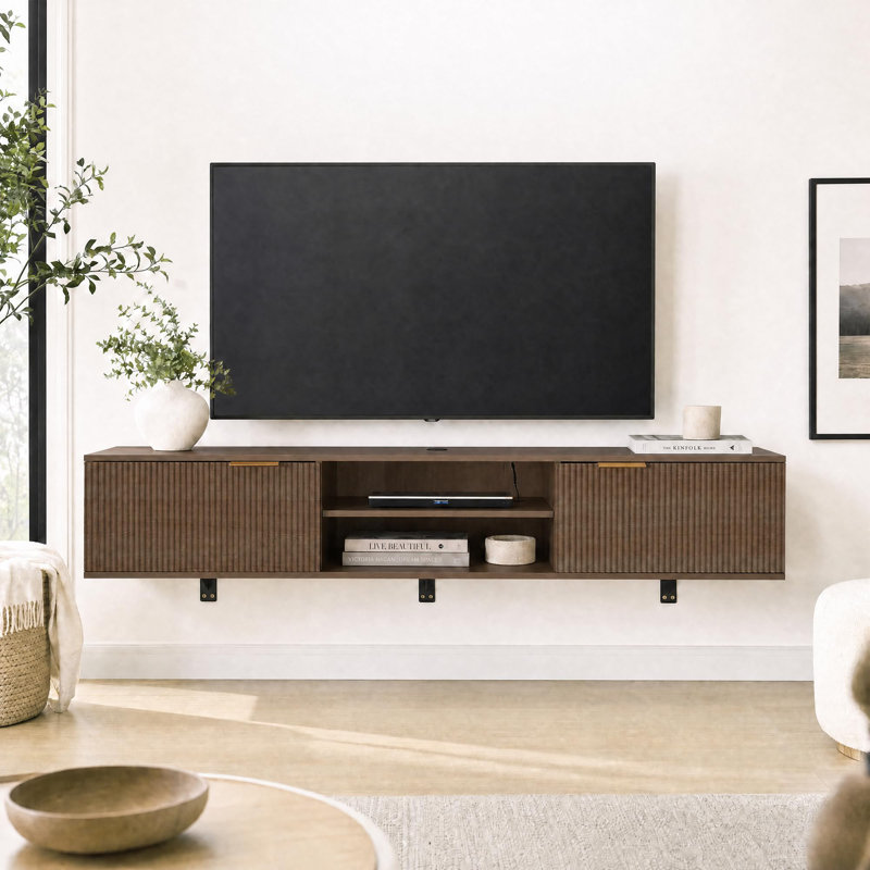 Meuble télé 70 po avec armoire flottante pour téléviseur de 80 po ou moins et support mural cannelé avec prise de courant