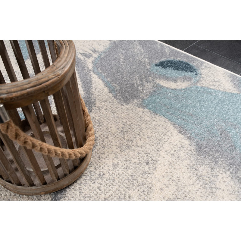 Tapis abstrait abstrait rustique contemporain - Tapis moderne pour le salon en bleu, gris et ivoire