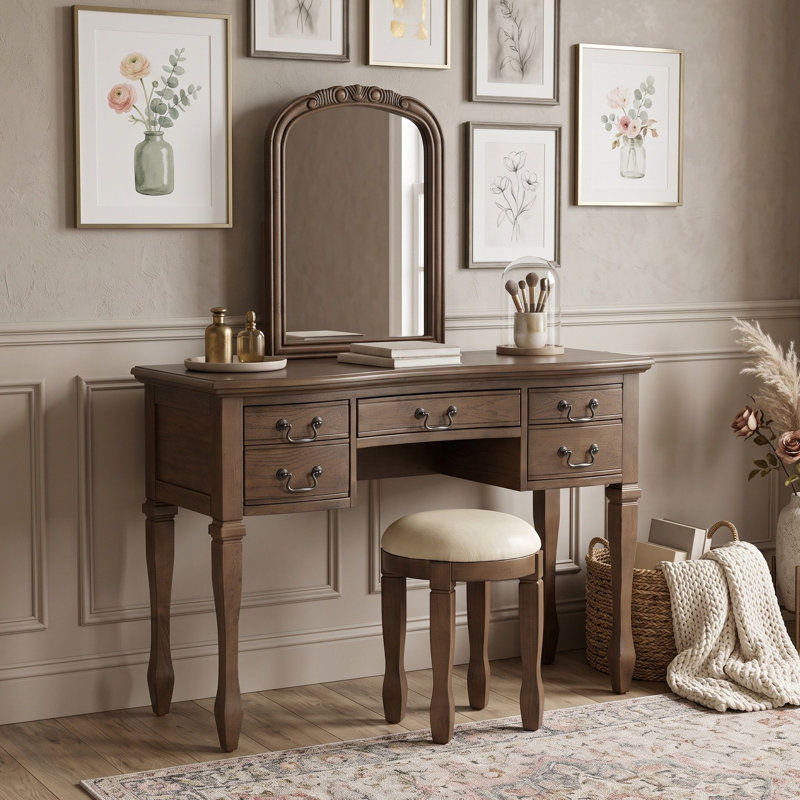 Ensemble de coiffeuse avec miroir, 5 tiroirs et tabouret rembourré