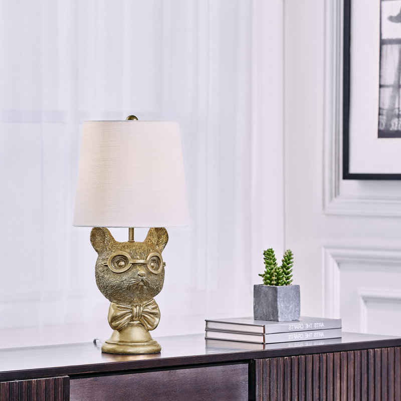 20" Gold Resin Mouse Table Lamp With Glasses  And Linen Shade, White, Gold