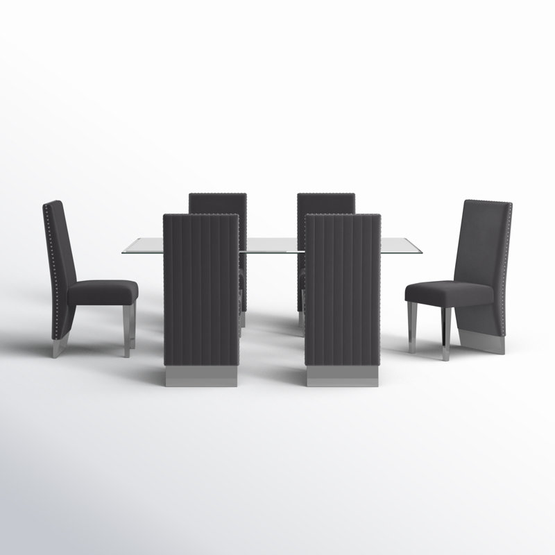 Marcella 6 - Person Glass Top Double Pedestal Dining Set, Silver, Dark Gray