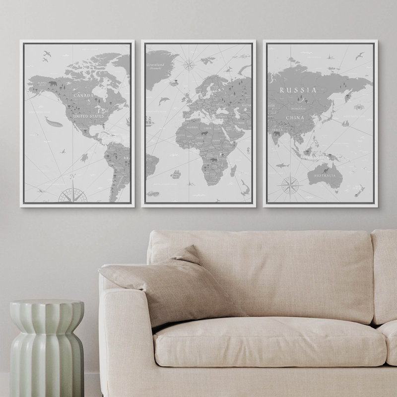 Carte du monde - impression sur toile, 3 pièces, H 36 po x l 72 po, Reproduction avec cadre flottant, White