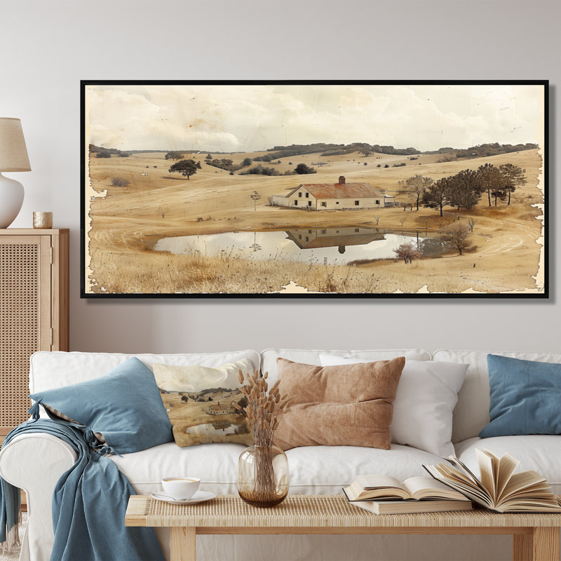 «Brown American Farm Landscape I - Farm Wall Art Living Room», Cadre flottant noir, H 28 po x l 60 po x P 1,5 po