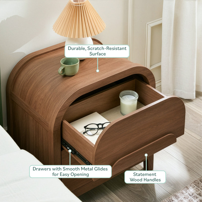 Sitarski Modern Curved 2 Drawer Nightstand, Medium Brown Oak